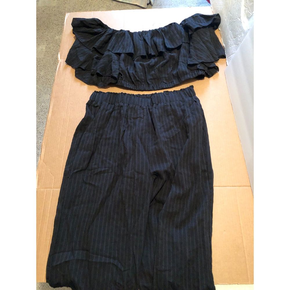 Shein NWOT Set Crop Top + Wide Leg Pants Black Large Solid Casual Pants Women